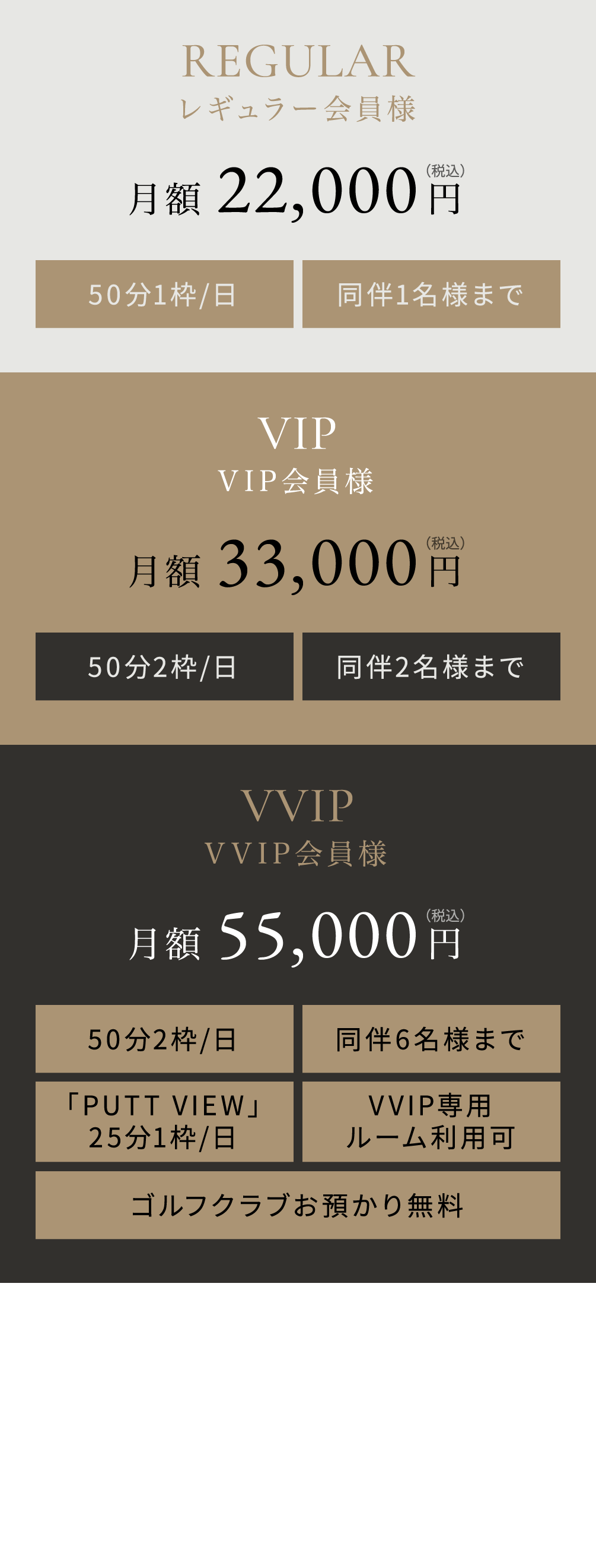 レギュラー会員様・VIP会員様・VVIP会員様の月額表+入会金